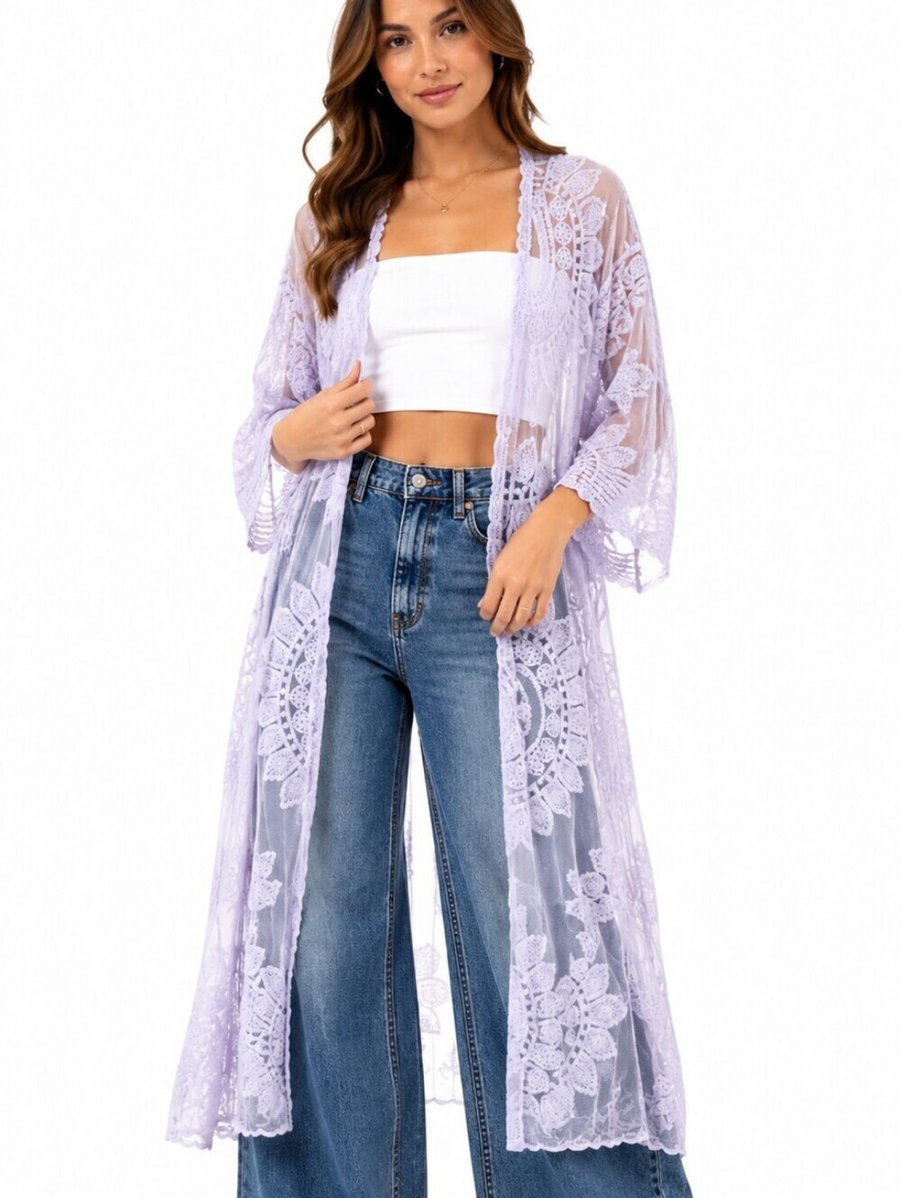 Rachel Zoe Lace Crochet Long Sheer Kimono - Light Lavender - Picture 2 of 5